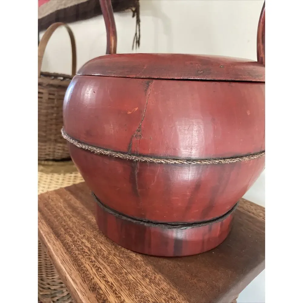 PRIMITIVE ANTIQUE CHINESE RED LACQUER WEDDING OR RICE BASKET WOOD HANDLE